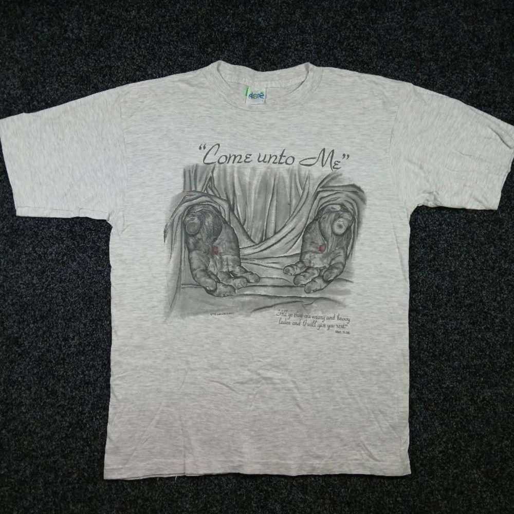Vintage 1992 Alore Jesus Come Unto Me T-Shirt Mens Large Grey Single Stitch 90s